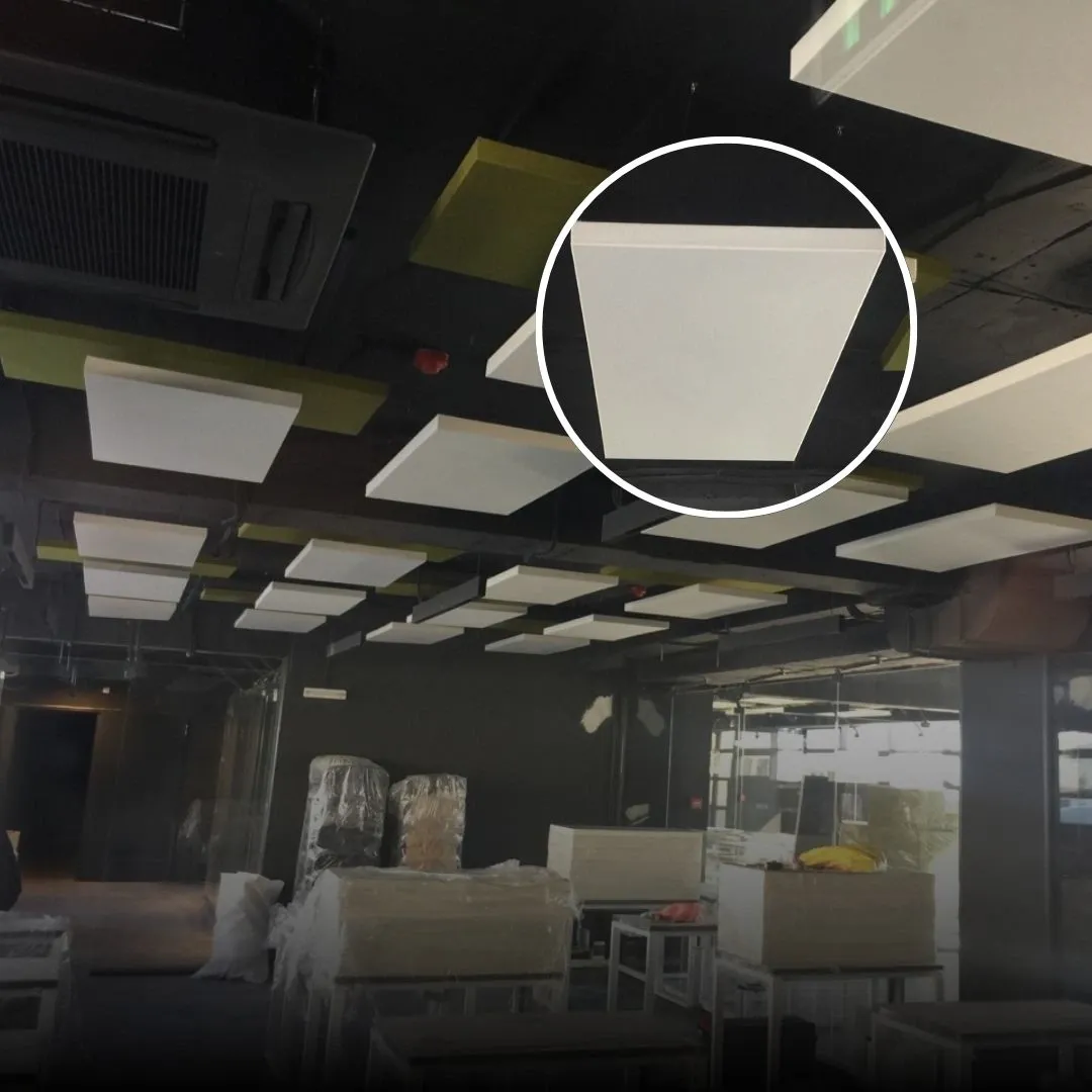 Acoustic treatment with hanging acoustic baffles of the New Bulgarian University, Sofia